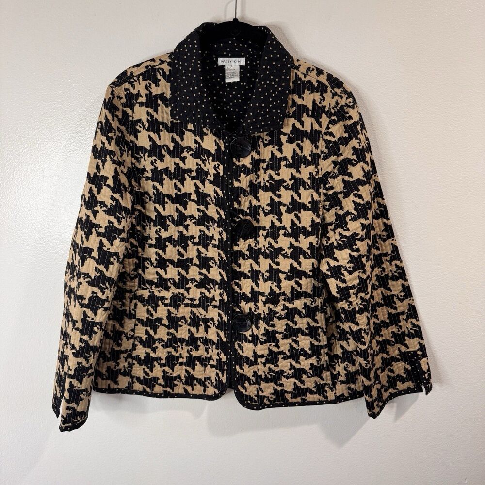 Patty Kim Jacket Barn Coat L Brown Black Houndstooth Polka Dot Quilted Artsy